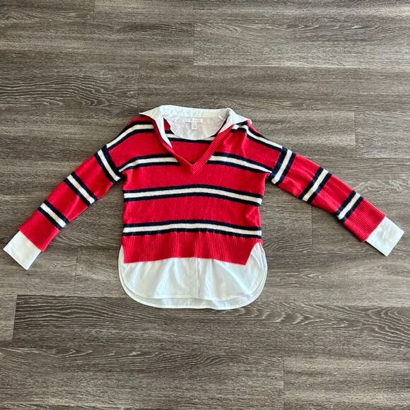 Scripted Red Wool Cashmere Striped Sweater w White Collar Asymmetrical Hem Small - Picture 4 of 9